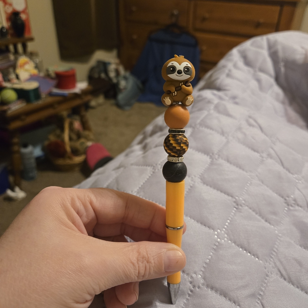 Cute Sloth Pen with Orange and Black Beads